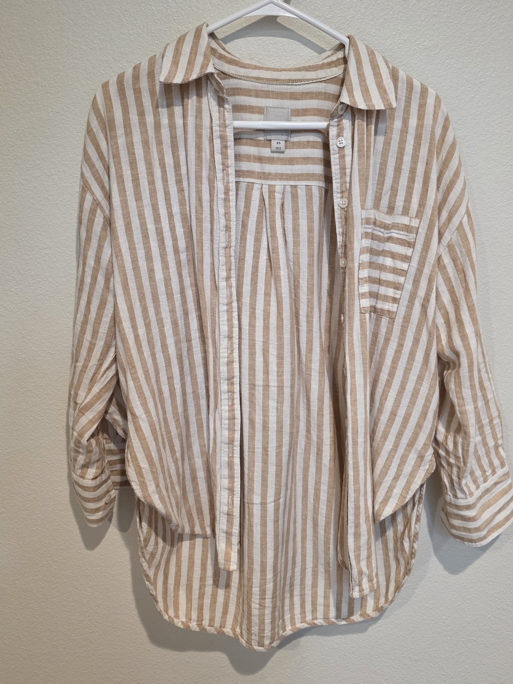 Maeve Beige and White Linen Blend Striped Button-Down Shirt